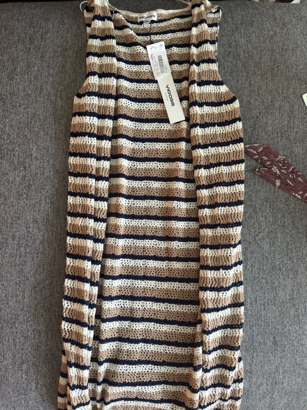 Striped Open-Knit Sweater in Beige, Navy & Cream